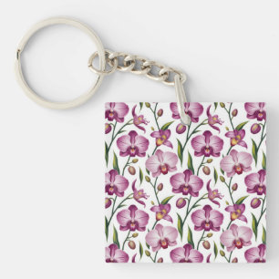Elegant Seamless Pattern of Purple and Pink Orchid Keychain