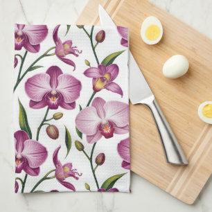 Elegant Seamless Pattern of Purple and Pink Orchid Kitchen Towel