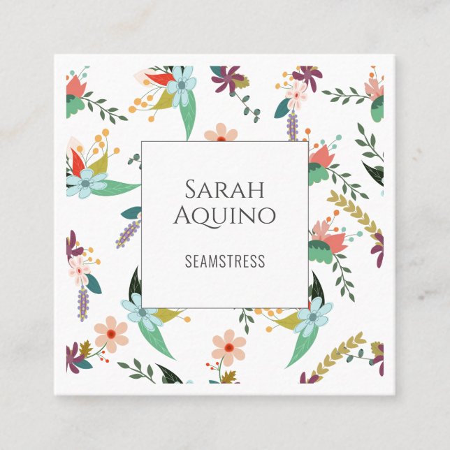 Elegant Seamstress Floral Pattern On White Square Business Card (Front)