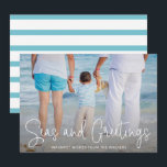 Elegant Seas and Greetings Beach Photo Christmas Holiday Card<br><div class="desc">Send out holiday cheer with this nautical themed flat Christmas card featuring a simple design with the words "Seas and Greetings" in an elegant thin white script,  along with your message over your favourite horizontal beach vacation photo.  The backside has aqua and white stripes.</div>