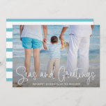 Elegant Seas and Greetings Beach Photo Christmas Holiday Card<br><div class="desc">Send out holiday cheer with this nautical themed flat Christmas card featuring a simple design with the words "Seas and Greetings" in an elegant thin white script,  along with your message over your favourite horizontal beach vacation photo.  The backside has aqua and white stripes.</div>