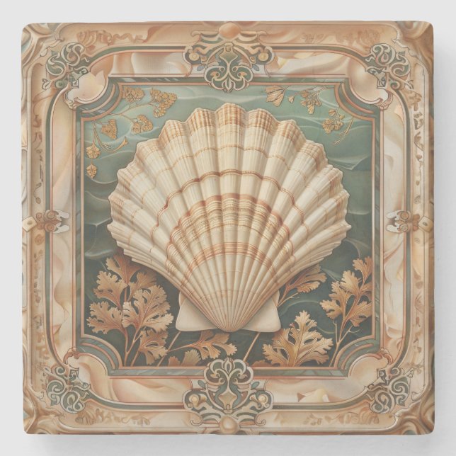 Elegant Seashell Art Nouveau Decorative Stone Coaster (Front)