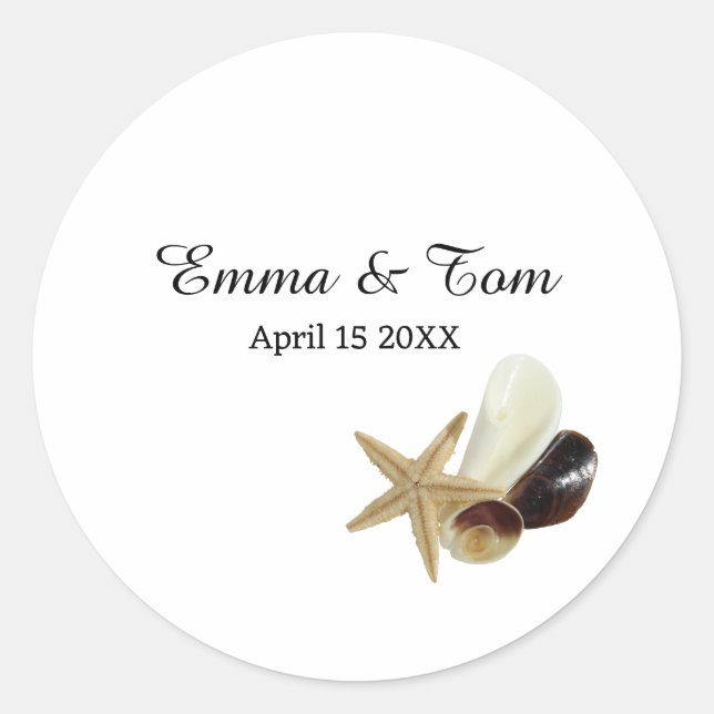 Elegant Seashell Beach Wedding Destination Classic Round Sticker (Front)