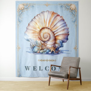 Elegant seashell beach wedding welcome sign tapestry