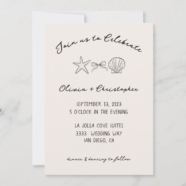 Elegant Seashell & Bow Coquette Wedding Invitation (Front)