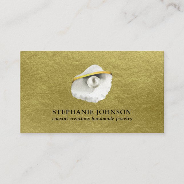 Elegant Seashell with Pearl on Textured Gold Business Card (Front)