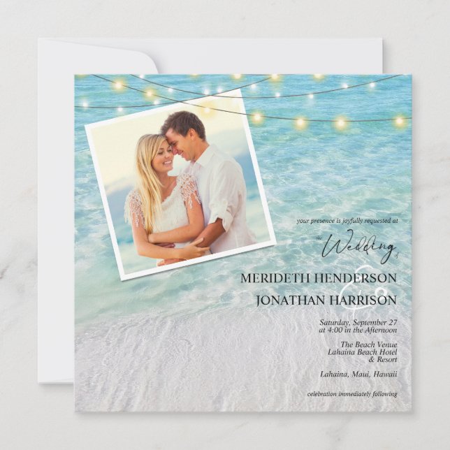Elegant Seaside Beach Lights Wedding Website Invitation (Front)