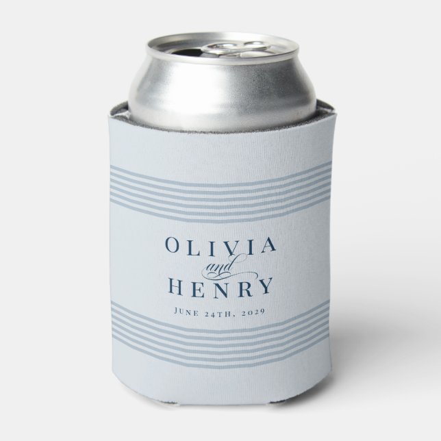 Elegant Seaside Coastal Blue Stripe Wedding Can Cooler (Can Front)