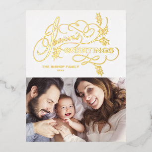Elegant Season's Greetings Flourish Family Photo Foil Holiday Postcard