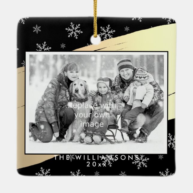 Elegant Season's Greetings Gold Splash on Black Ceramic Ornament (Back)