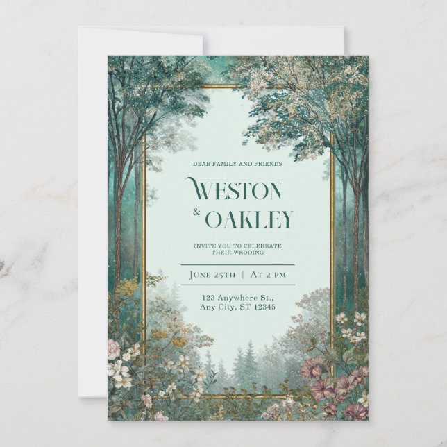 Elegant Secret Garden Gold Frame Wedding Invitation (Front)