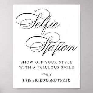 Elegant Selfie Station Black Script Smile Hashtag Poster