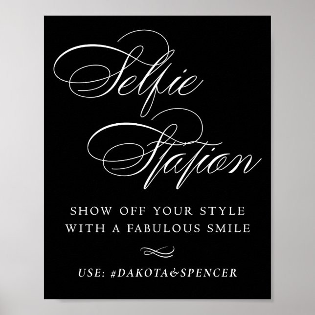 Elegant Selfie Station White Script Smile Hashtag Poster (Front)