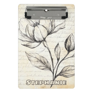Elegant Sepia Botanical Flowers Vintage Script Mini Clipboard