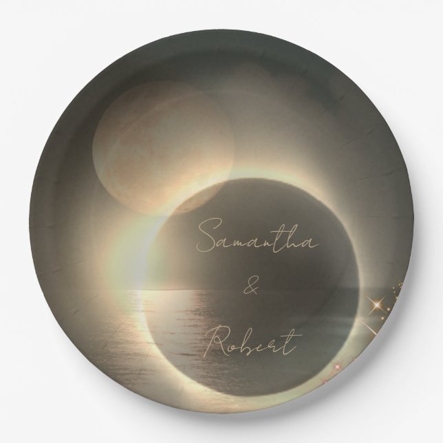 Elegant Sepia Solar Eclipse Custom Photo Wedding   Paper Plate (Front)