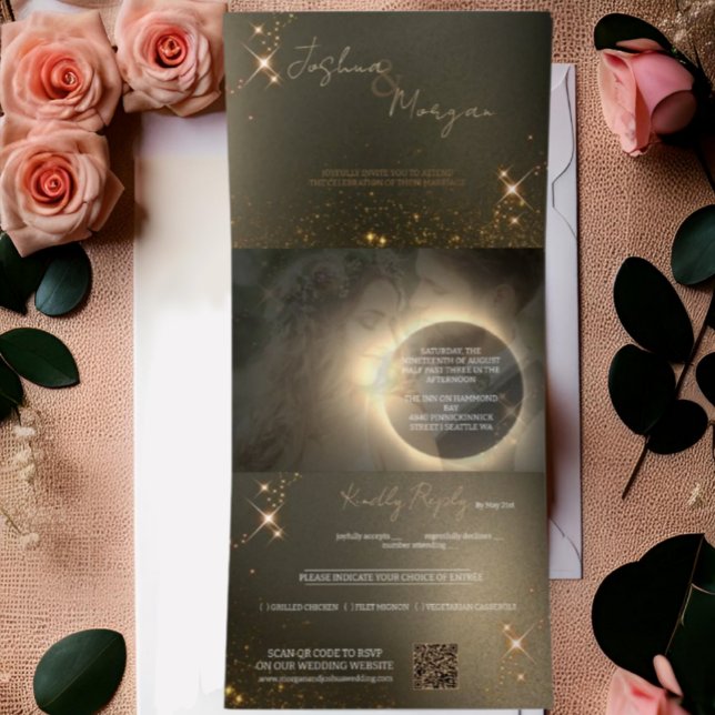 Elegant Sepia Solar Eclipse Custom Photo Wedding   Tri-Fold Invitation (Creator Uploaded)