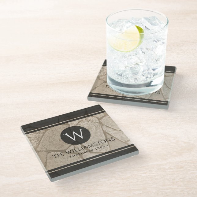 Elegant Sepia Toned Cracked Stones Glass Coaster (Angled)