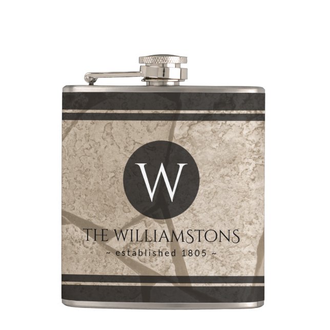 Elegant Sepia Toned Cracked Stones Hip Flask (Front)