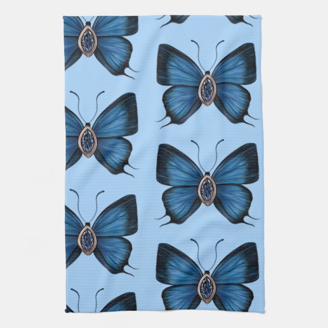 Elegant September Blue Sapphire Butterfly Pattern Kitchen Towel (Vertical)