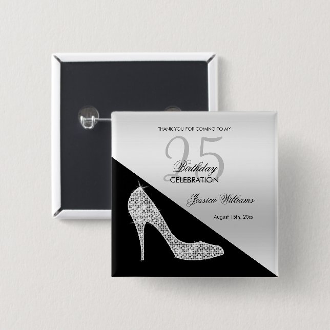 Elegant Sequin Stiletto, Silver & Black Birthday   2 Inch Square Button (Front & Back)