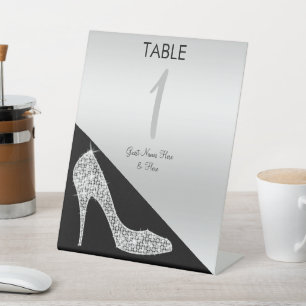 Elegant Sequin Stiletto, Silver & Black Birthday   Pedestal Sign