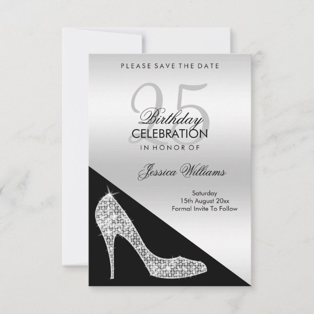 Elegant Sequin Stiletto, Silver & Black Birthday Save The Date (Front)
