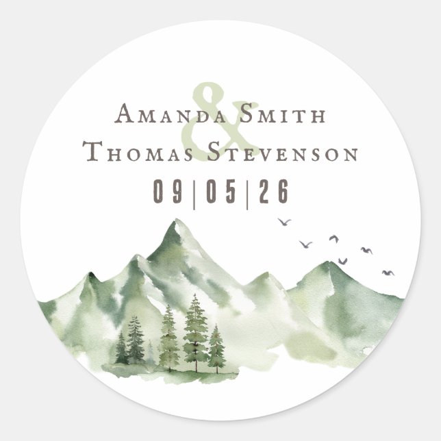 Elegant serene green mountain landscape wedding classic round sticker (Front)