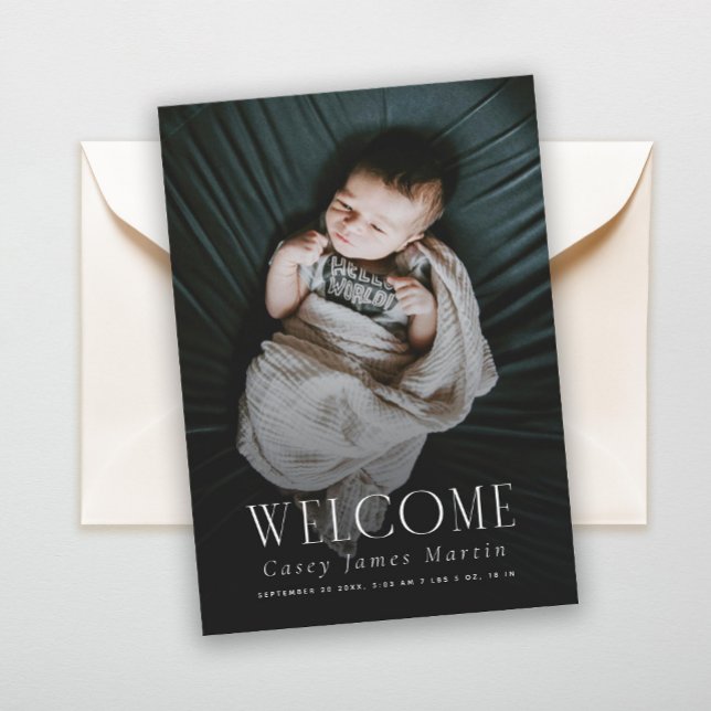 Elegant Serif Welcome Baby Photo Birth Announcement (Creator Uploaded)