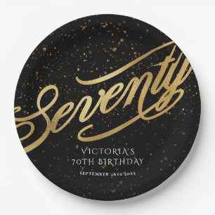 Elegant Seventy 70th Birthday Gold Black Confetti Paper Plate