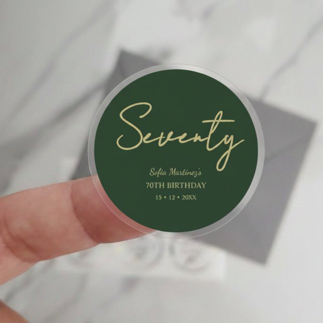 Elegant Seventy Birthday Sticker–Green Gold Script Classic Round Sticker (Creator Uploaded)