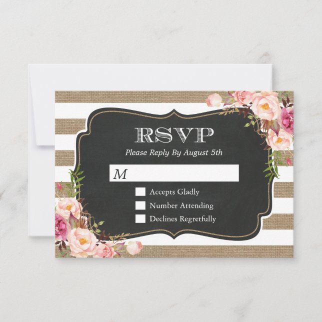 Élégant Shabby Burlap Stripes Floral RSVP Réponse (Devant)
