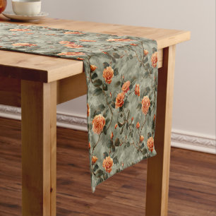 Elegant shabby chic living coral roses sage green short table runner