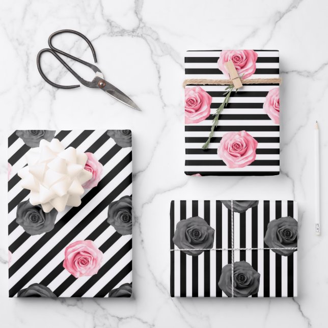 Elegant Shabby Chic Pink and Black Roses Stripes Wrapping Paper Sheet (Front)