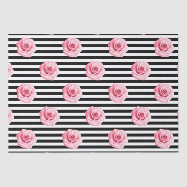 Elegant Shabby Chic Pink Roses and Stripes Tissue Paper (Front)