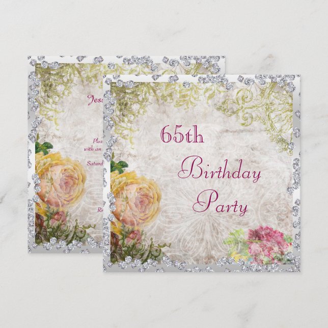Elegant Shabby Chic Roses & Diamonds 65th Birthday Invitation (Front/Back)