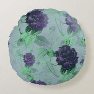 Elegant Shabby Chic Vintage Blue Rose Illustration Round Pillow