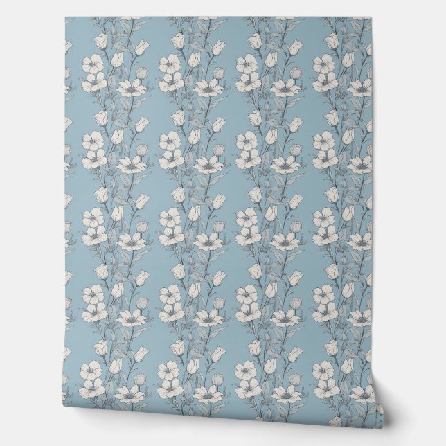 Elegant shades of blue and white flowers wallpaper (Unrolling)