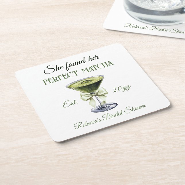 Elegant She Found Her Perfect Matcha Bridal Shower Square Paper Coaster (Angled)