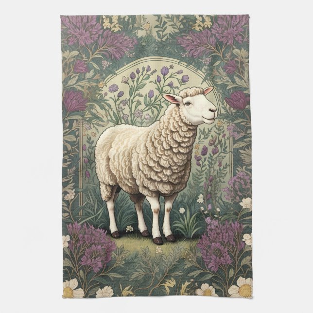 Elegant Sheep Lavender floral Background Kitchen Towel (Vertical)