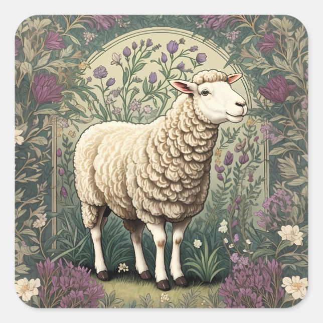 Elegant Sheep Lavender floral Background Square Sticker (Front)