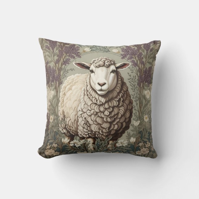 Elegant Sheep Lavender Flower Background Throw Pillow (Front)