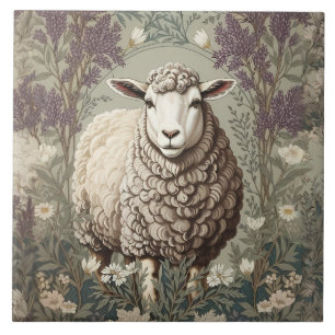 Elegant Sheep Lavender Flower Background Tile
