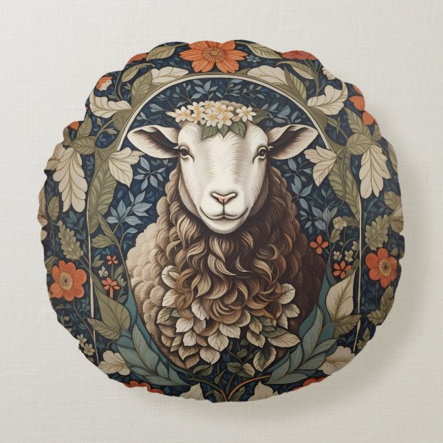Elegant Sheep William Morris Floral Round Pillow (Front)