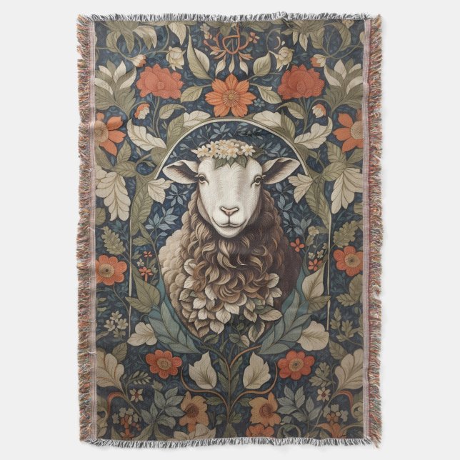 Elegant Sheep William Morris Floral Throw Blanket (Front Vertical)