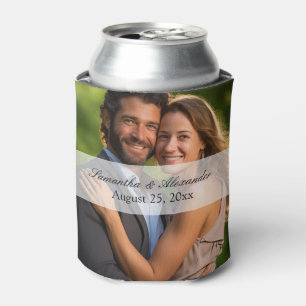 Elegant Sheer Overlay Photo Wedding Can Cooler