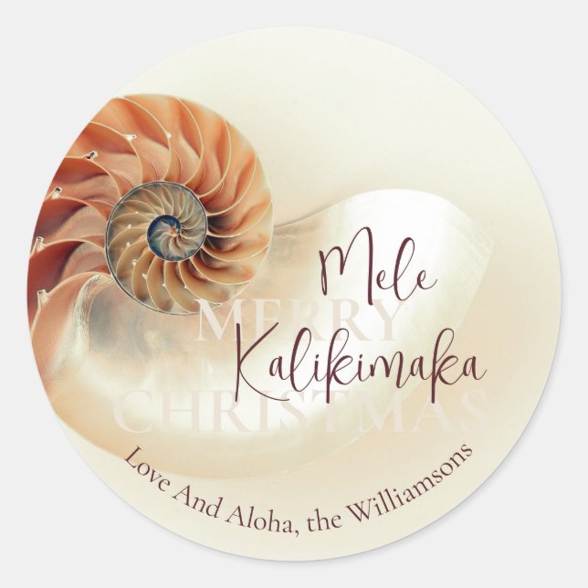 Elegant Shell Mele Kalikimaka | Greetings Classic Round Sticker (Front)