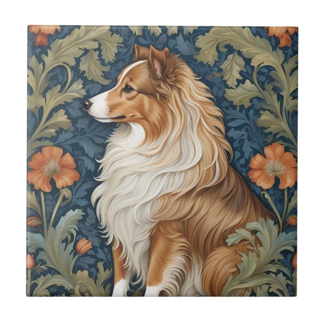 Elegant Shetland Sheepdog William Morris Inspired Tile (Front)
