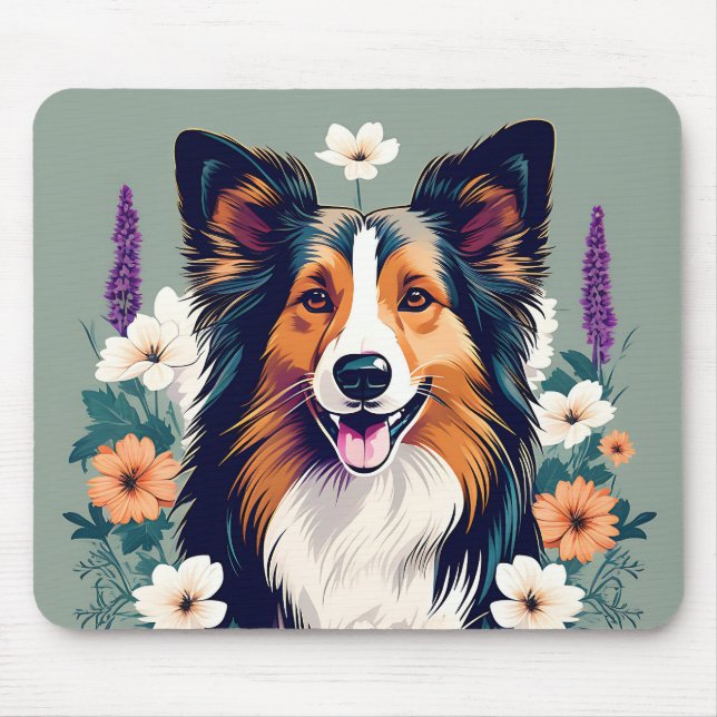 Elegant Shetland Sheepdog with Floral Mouse Pad (Front)