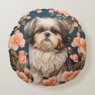 Elegant Shih Tzu Dog William Morris Inspired Round Pillow