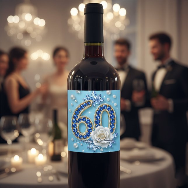 Elegant Shiny Blue and Pearl Jewels 60th Birthday Wine Label (Creator Uploaded)